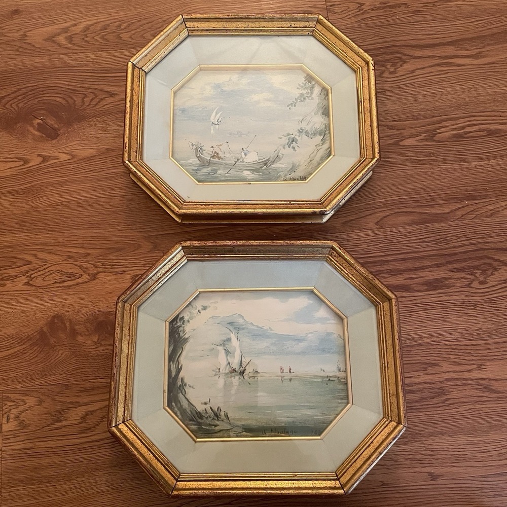 Pair Of Vintage Roderic Montagu Octagonal Framed Watercolor Prints-Venezia 1962